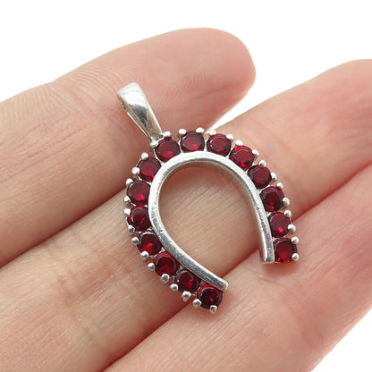 925 Sterling Silver Vintage Red C Z Horseshoe For Good Luck Pendant