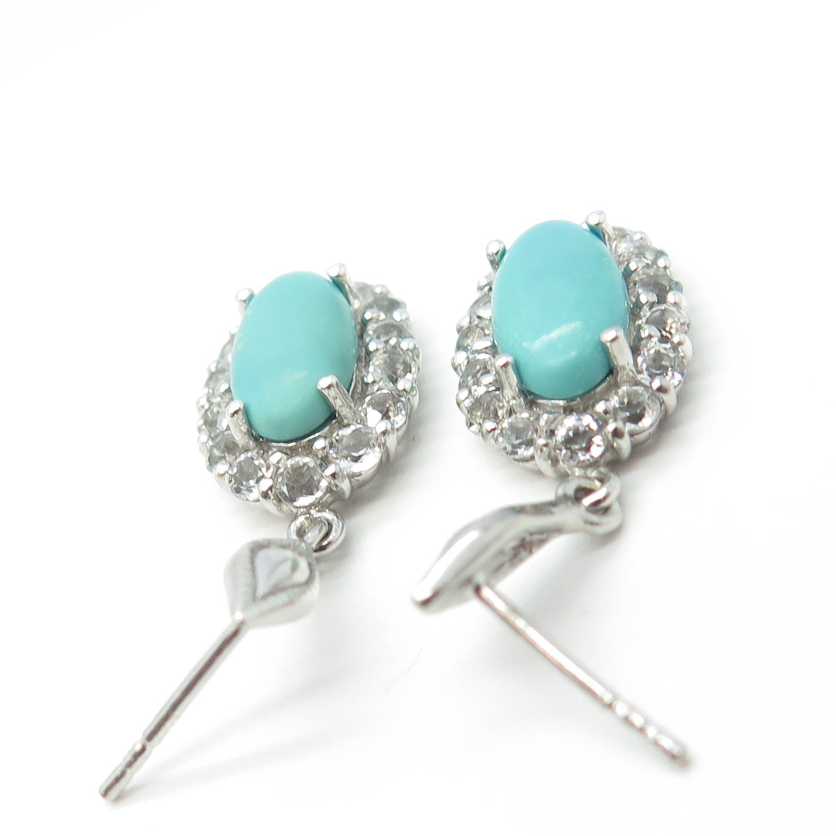 925 Sterling Silver Vintage Real White Topaz & Turquoise Gem Dangling Earrings