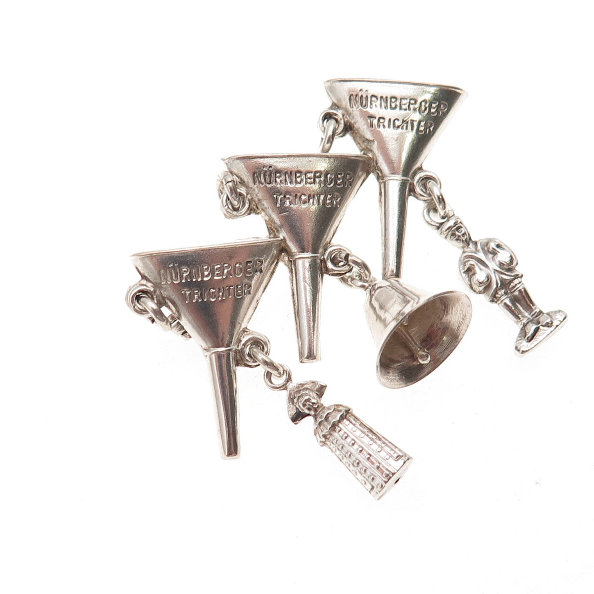 925 Sterling Silver Antique Art Deco Nuremberg Funnel Dangle Charms Pin Brooch