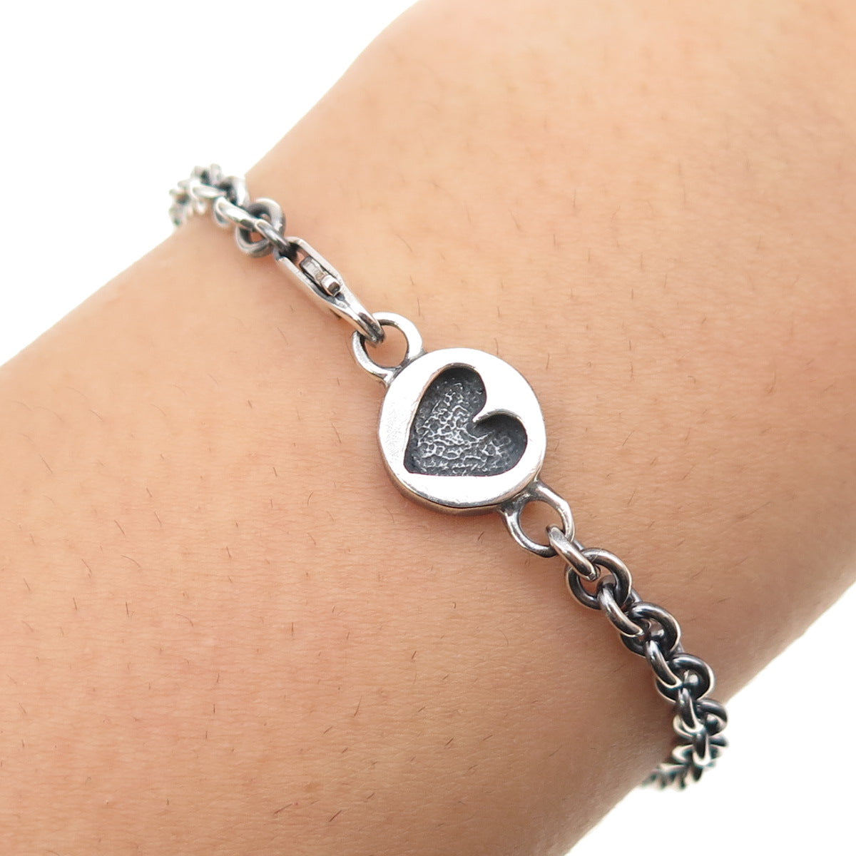 925 Sterling Silver Vintage Heart Tag Cable Link Oxidized Bracelet 7"