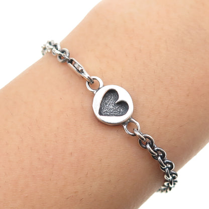 925 Sterling Silver Vintage Heart Tag Cable Link Oxidized Bracelet 7"