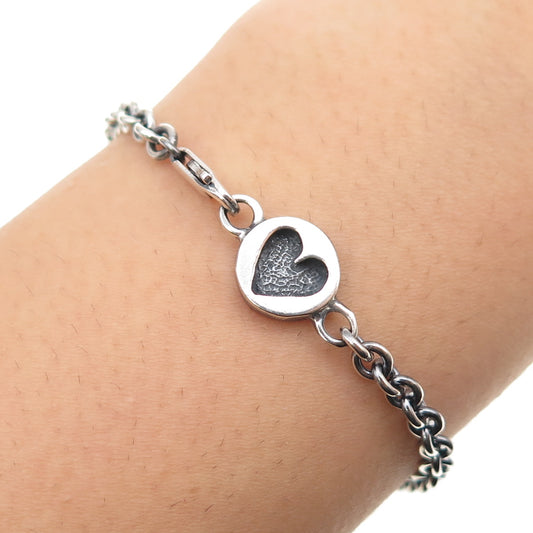 925 Sterling Silver Vintage Heart Tag Cable Link Oxidized Bracelet 7"