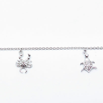 925 Sterling Silver Assorted Charm Rolo Link Anklet 9.75"