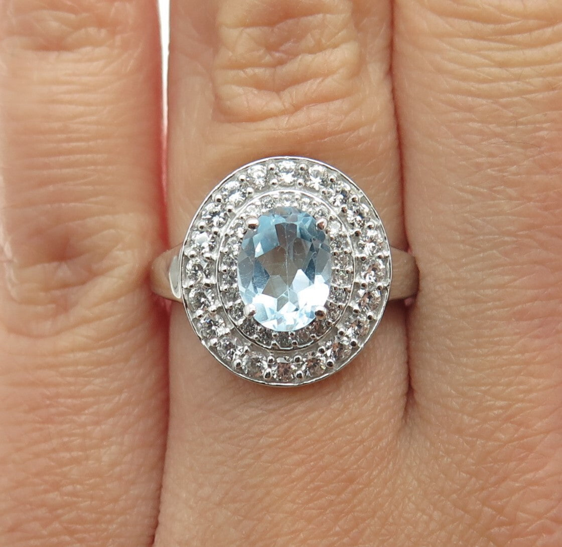 DSMK 925 Sterling Silver Real Oval & Round-Cut Blue White Topaz Ring Size 6.5
