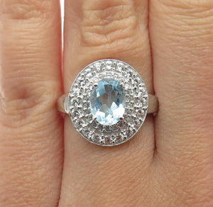 DSMK 925 Sterling Silver Real Oval & Round-Cut Blue White Topaz Ring Size 6.5