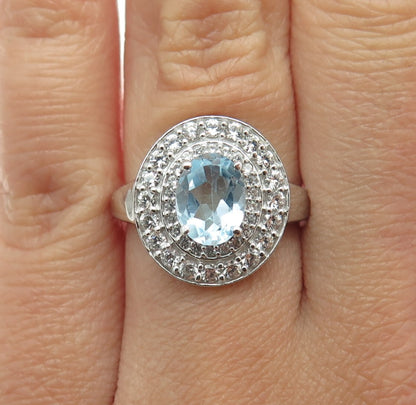 DSMK 925 Sterling Silver Real Oval & Round-Cut Blue White Topaz Ring Size 6.5