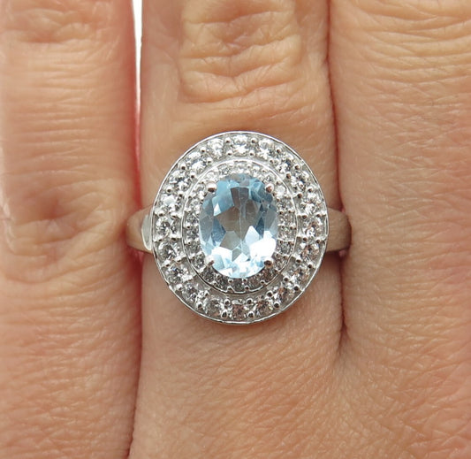 DSMK 925 Sterling Silver Real Oval & Round-Cut Blue White Topaz Ring Size 6.5
