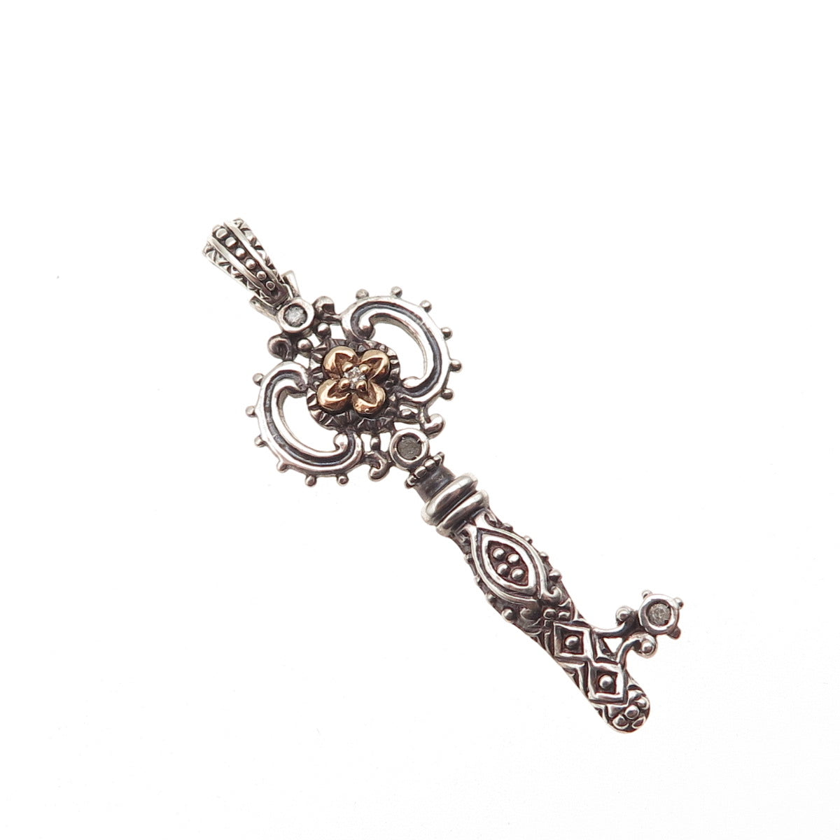 925 Sterling Silver 14K Gold Real Round-Cut Diamond Key of Life Charm Pendant