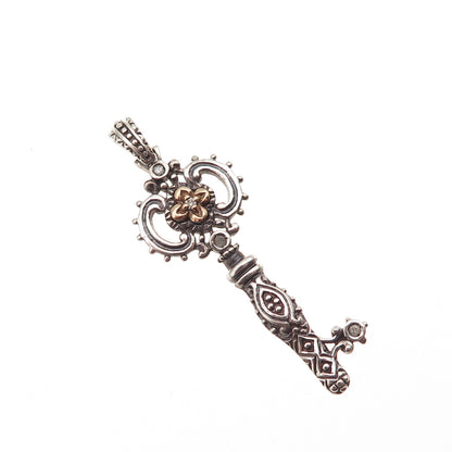 925 Sterling Silver 14K Gold Real Round-Cut Diamond Key of Life Charm Pendant