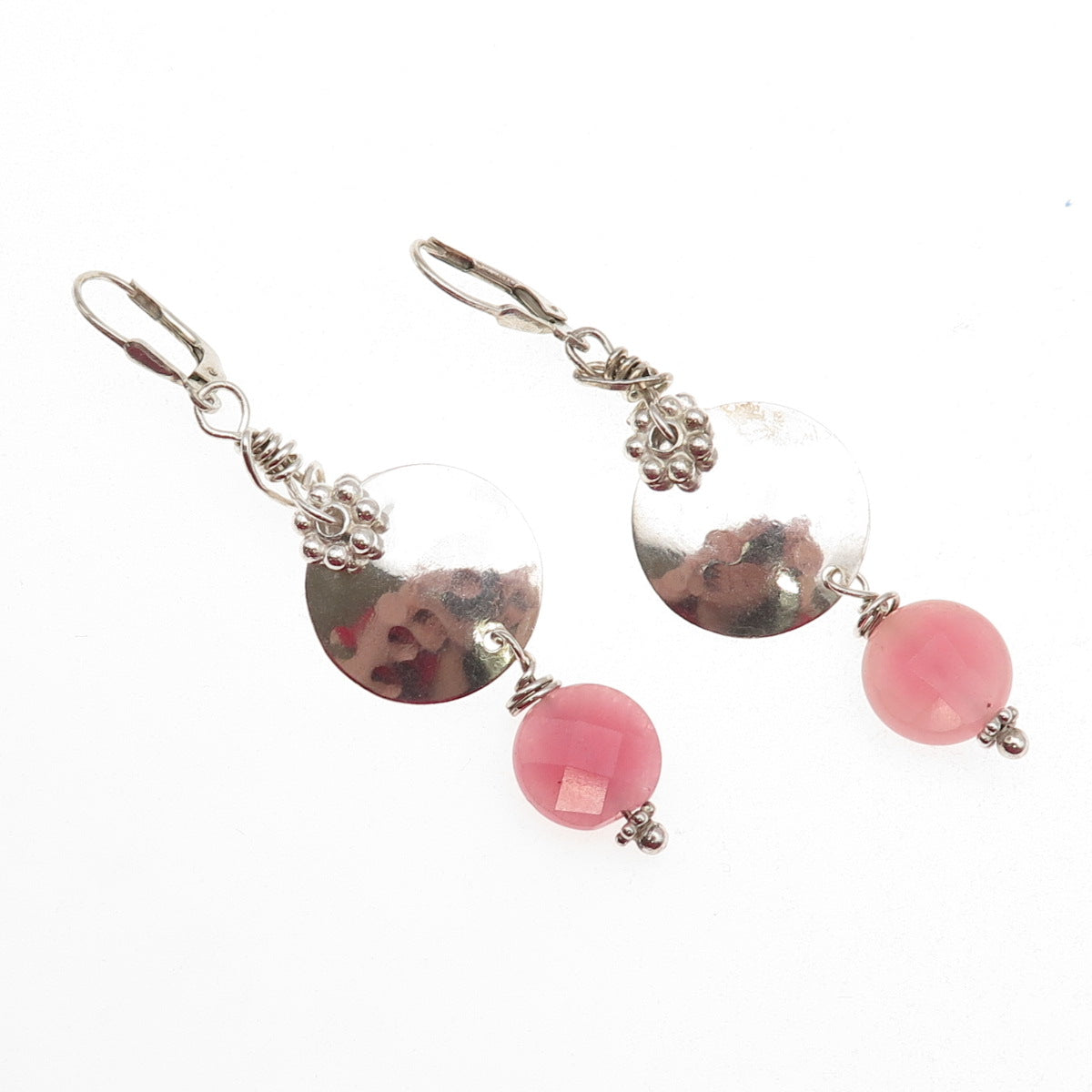 925 Sterling Silver Vintage Real Pink Agate Modernist Disc Dangle Earrings