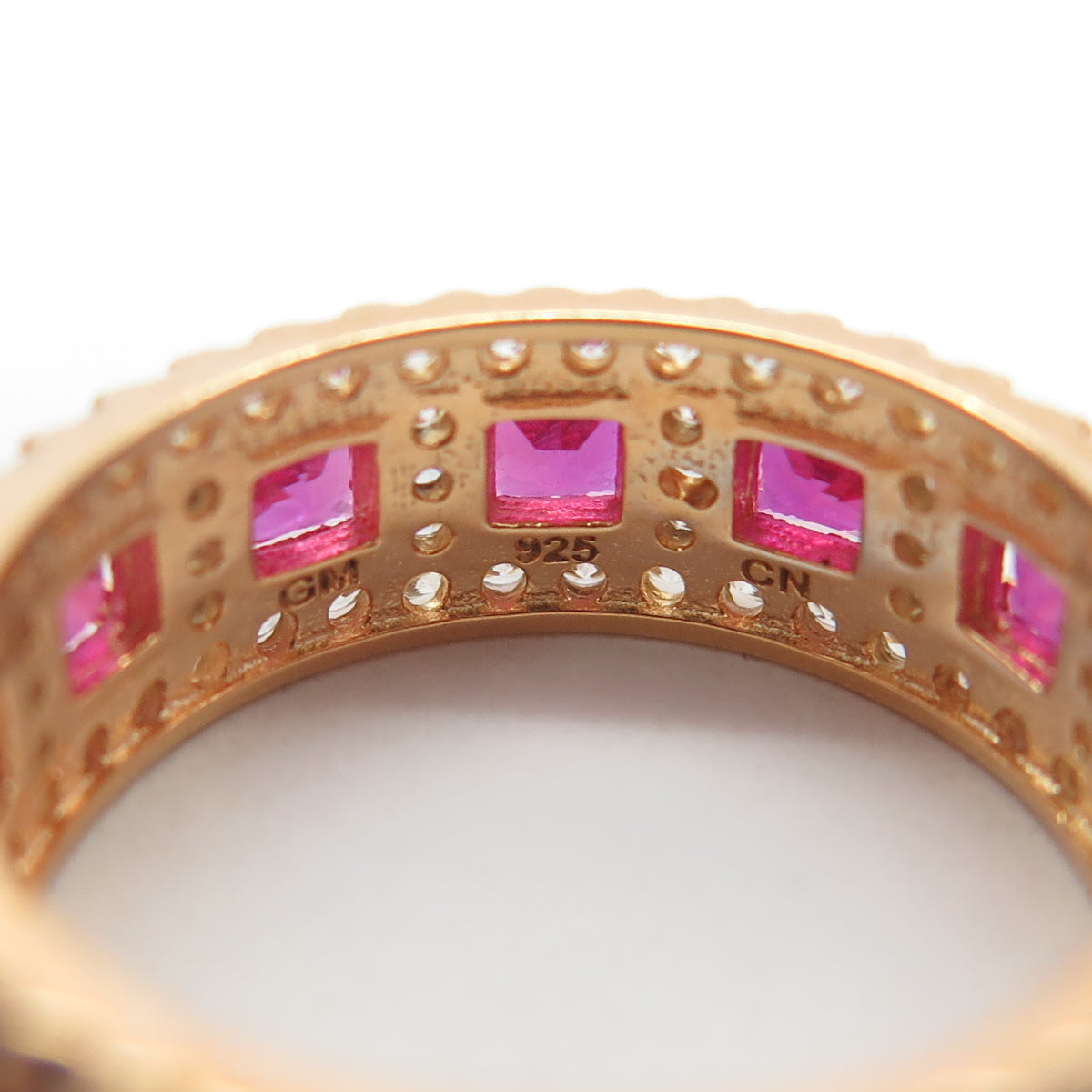 925 Sterling Silver Gold Plated Lab-Created Ruby & C Z Band Ring Size 5.25