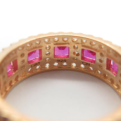 925 Sterling Silver Gold Plated Lab-Created Ruby & C Z Band Ring Size 5.25