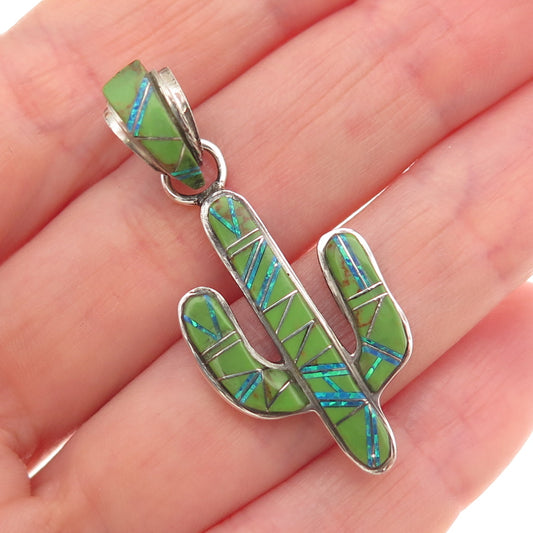 Old Pawn 925 Sterling Silver Vintage Southwestern Turquoise Opal Cactus Pendant