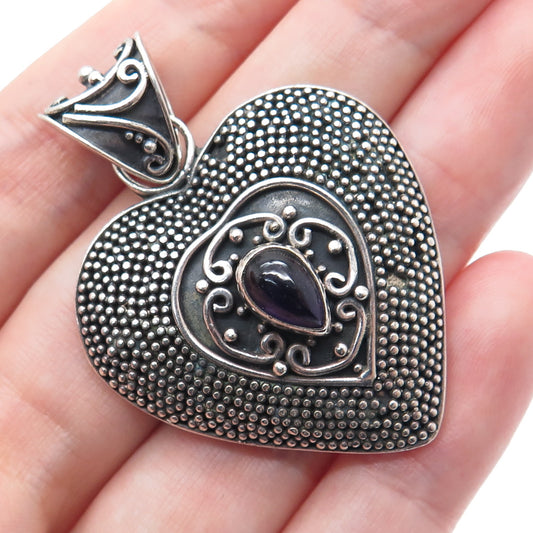 SUARTI BALI 925 Sterling Silver Vintage Real Amethyst Heart Oxidized Pendant