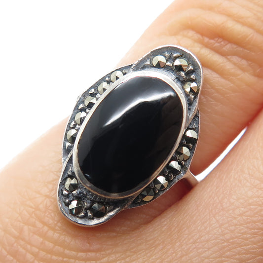 925 Sterling Silver Vintage Real Black Onyx & Marcasite Oxidized Ring Size 5