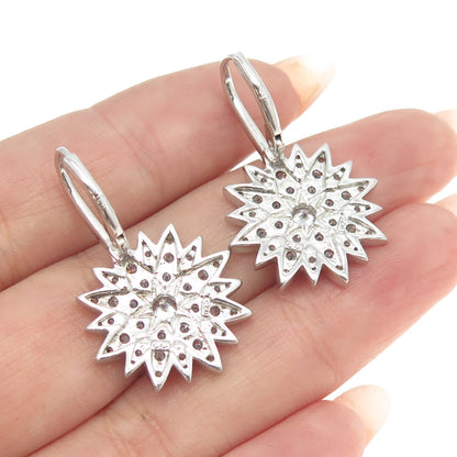 925 Sterling Silver Round-Cut Shaped C Z Floral Dangling Earrings