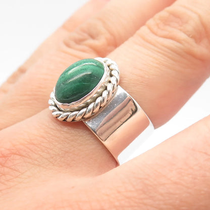 925 Sterling Silver Vintage Real Malachite Gem Twisted Oval Ring Size 7