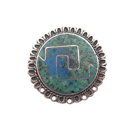 925 Sterling Silver Vintage Mexico Real Azurite Oxidized Pin Brooch / Pendant