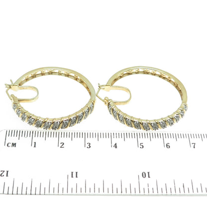 925 Sterling Silver Gold Plated Real Round-Cut Diamond Ornate Hoop Earrings