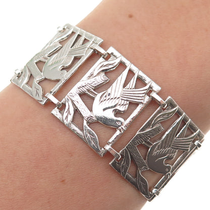 925 Sterling Silver Antique Art Deco Dove Peace Bird Panel Link Bracelet 6.5"
