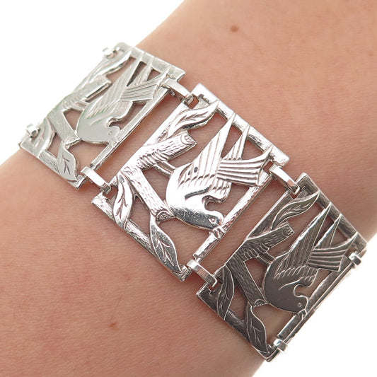 925 Sterling Silver Antique Art Deco Dove Peace Bird Panel Link Bracelet 6.5"
