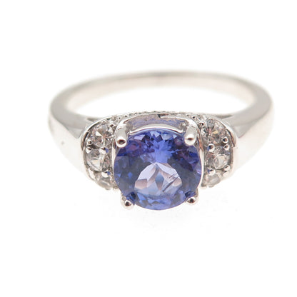 925 Sterling Silver Real Round-Cut Tanzanite & White Topaz Ring Size 8