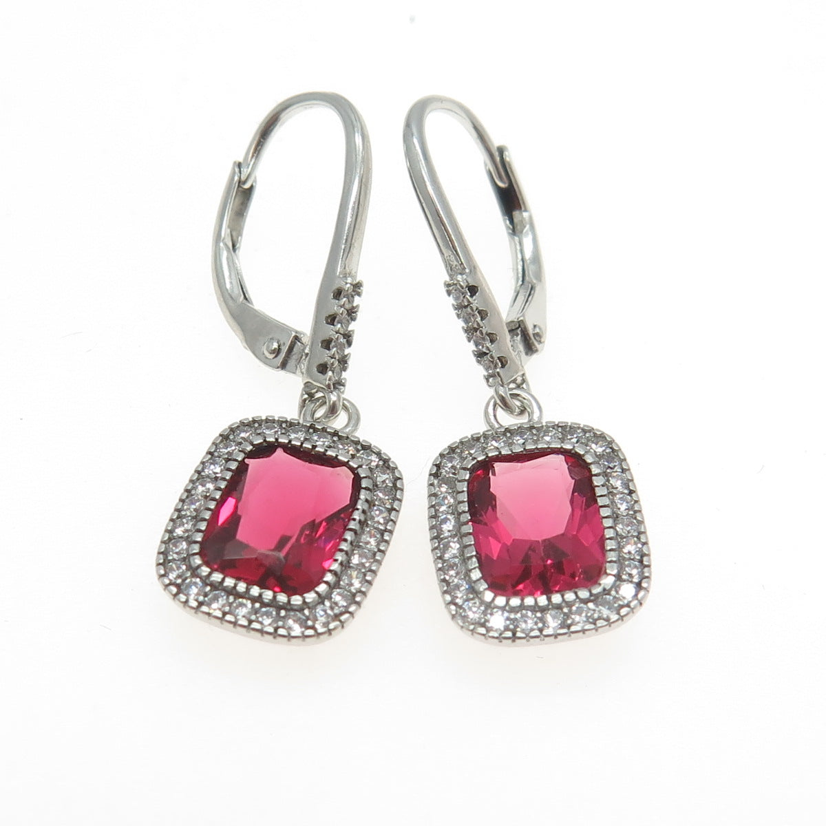 925 Sterling Silver White & Pink C Z Dangling Earrings