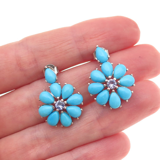Chuck Clemency 925 Sterling Silver Real Turquoise & Tanzanite Floral Earrings