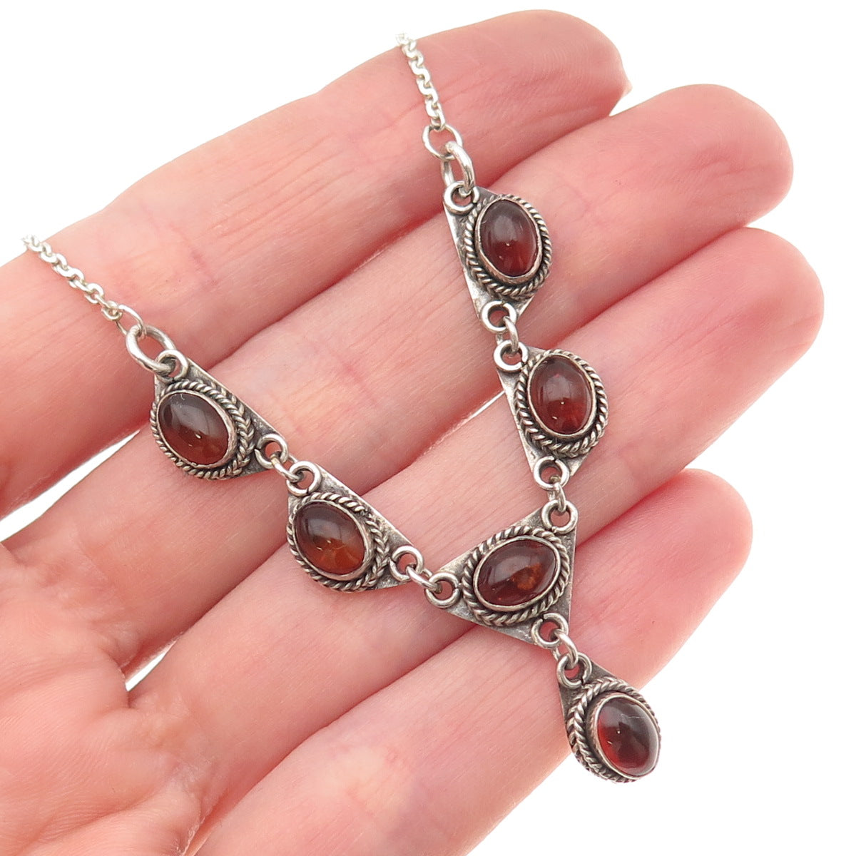 925 Sterling Silver Vintage Real Amber Cable Chain Necklace 16-18"