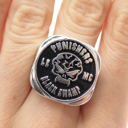 925 Sterling Silver Vintage 1999 Enamel Punishers Black Swamp Ring Size 8.75