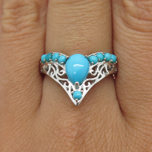 925 Sterling Silver Real Turquoise Gemstone Swirl Check Mark Ring Size 8