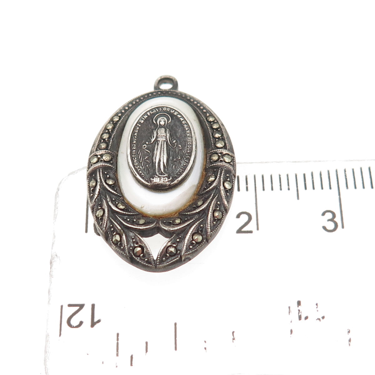 925 Sterling Silver Antique Art Deco Real MOP & Marcasite St. Mary Charm Pendant