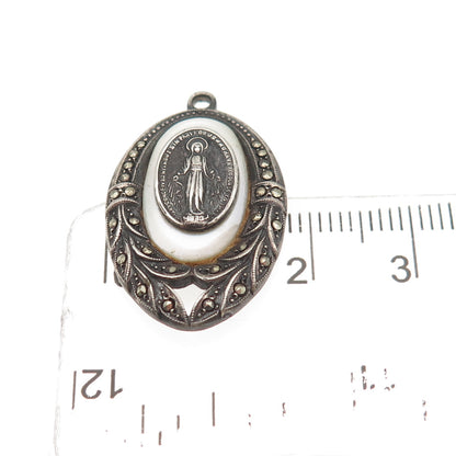 925 Sterling Silver Antique Art Deco Real MOP & Marcasite St. Mary Charm Pendant