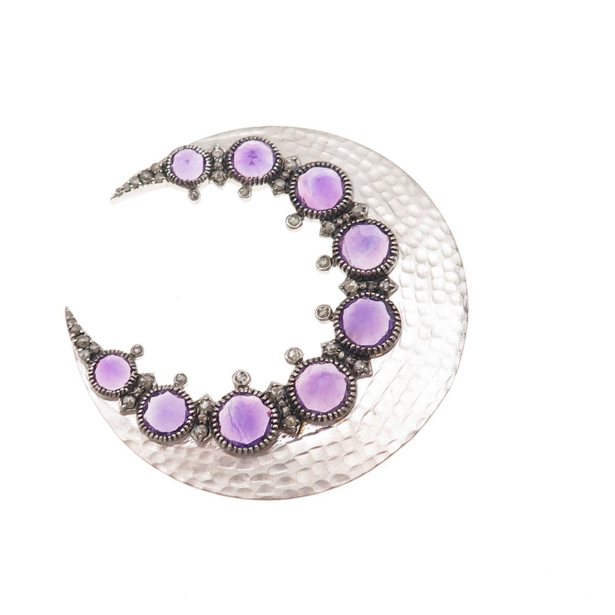 925 Sterling Silver Real Diamond & Amethyst Crescent Centerpiece Slide Pendant