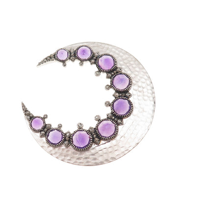 925 Sterling Silver Real Diamond & Amethyst Crescent Centerpiece Slide Pendant