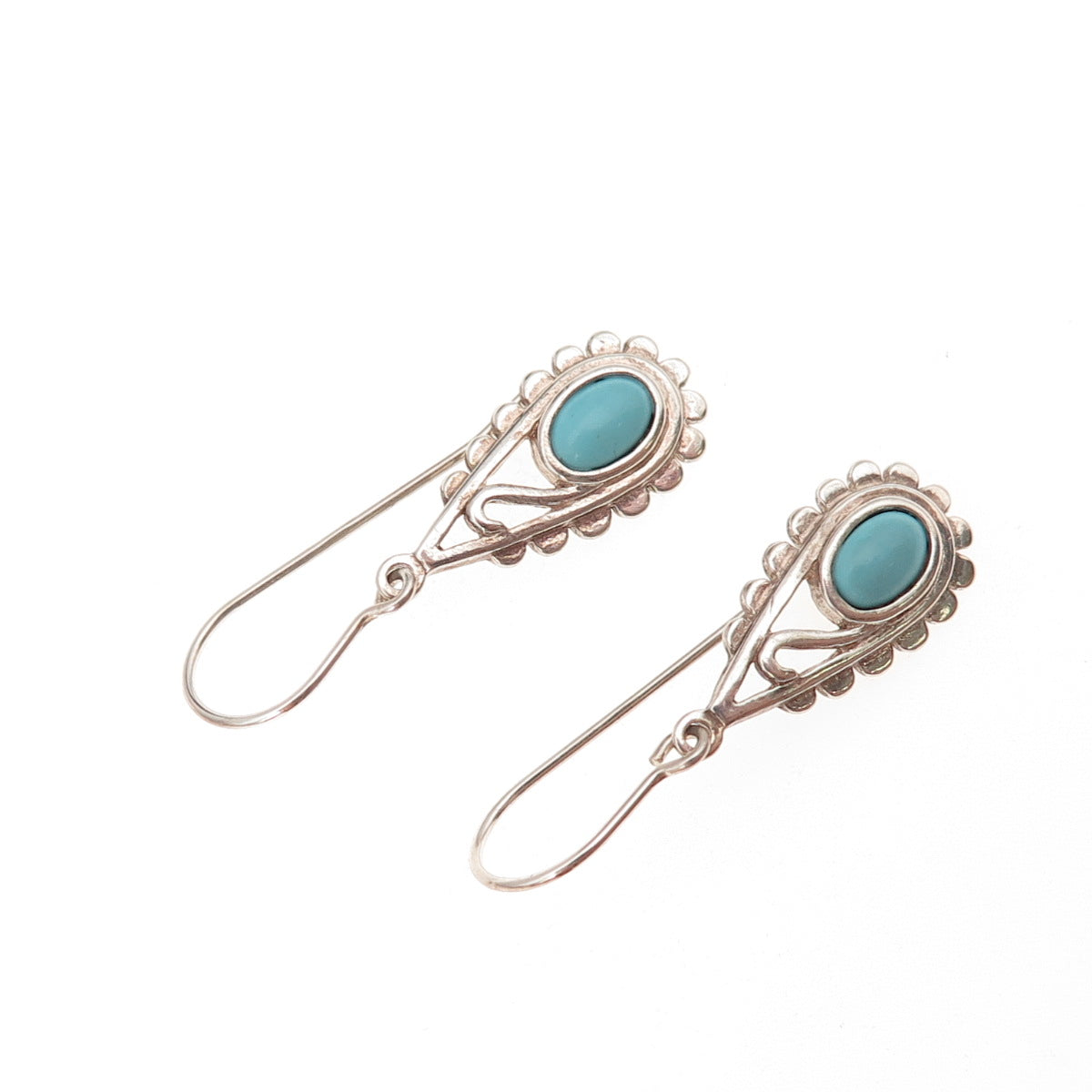 925 Sterling Silver Vintage Real Turquoise Teardrop Oxidized Dangle Earrings