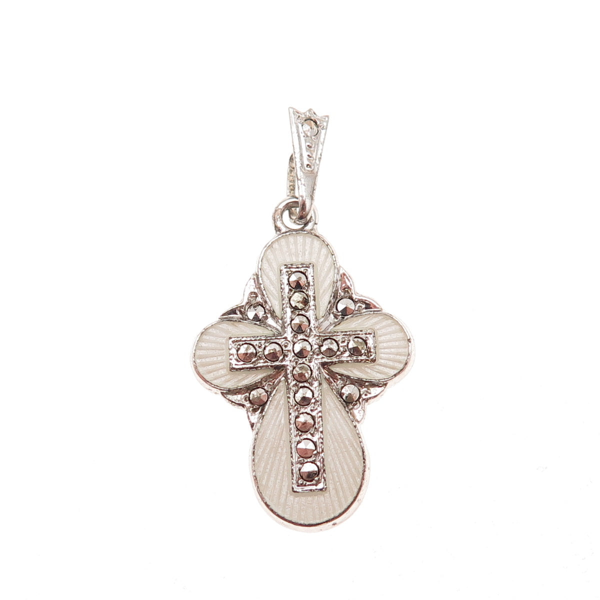 925 Sterling Silver Antique Art Deco Enamel Real Marcasite St Mary Cross Pendant