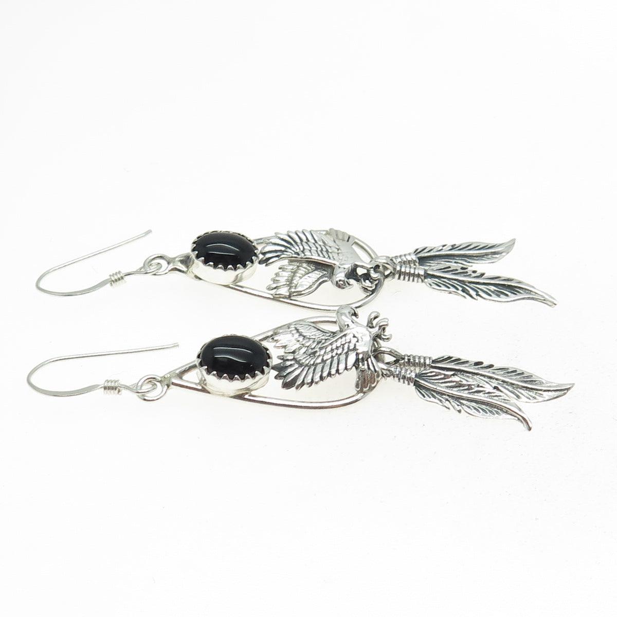 Old Pawn 925 Sterling Silver Vintage Black Onyx Snake Eye Eagle Feather Earrings