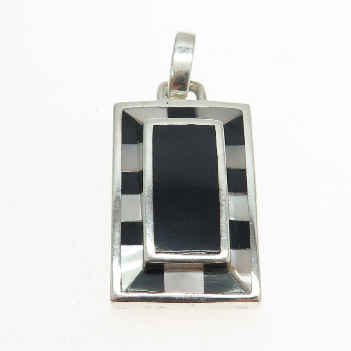 925 Sterling Silver Vintage Real Mother-of-Pearl & Black Onyx Pendant