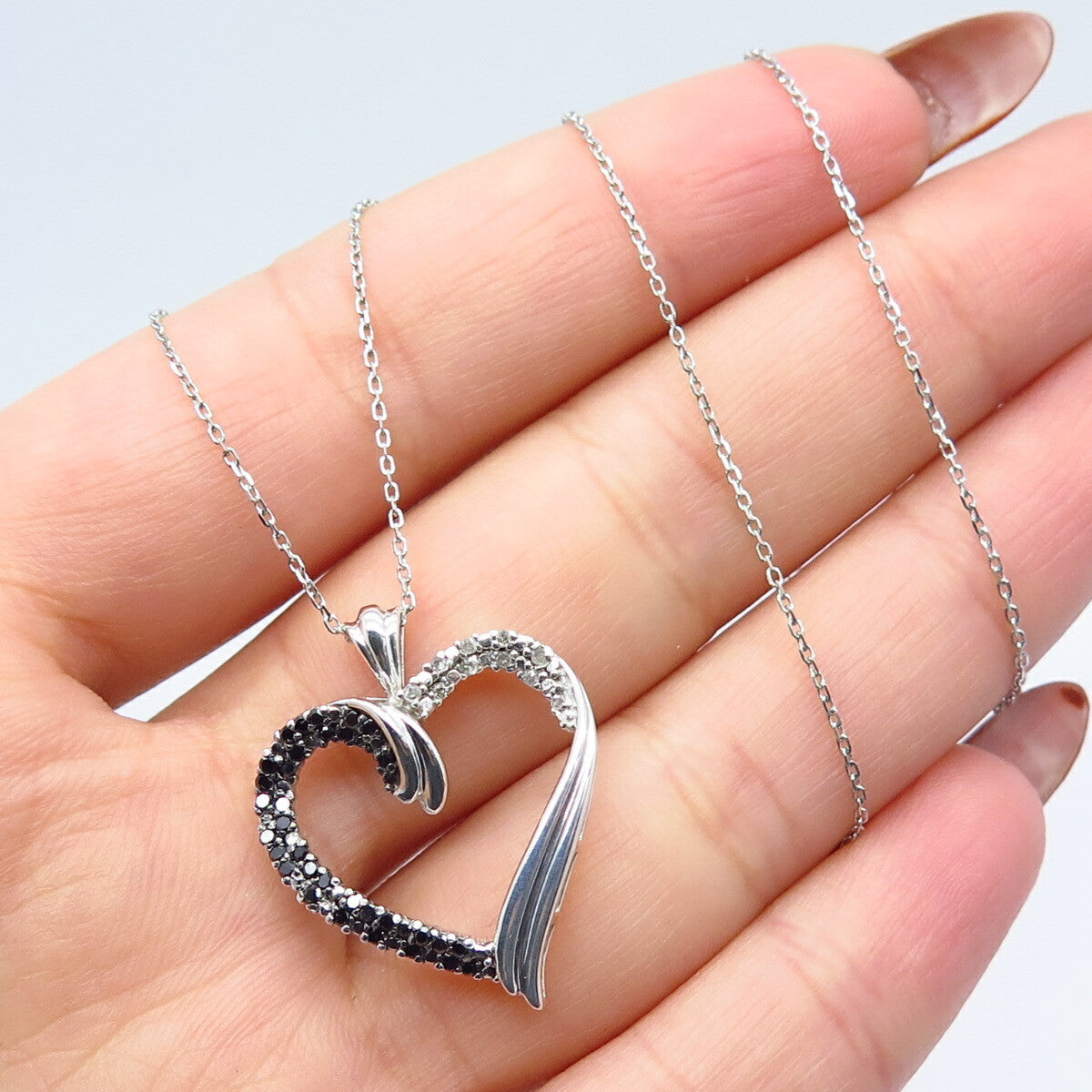 925 Sterling Silver Italy White Black Diamond Open Heart Rolo Chain Necklace 17"