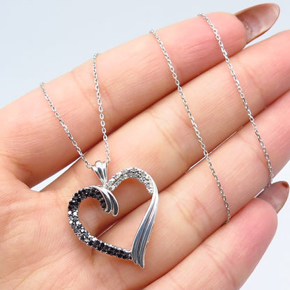 925 Sterling Silver Italy White Black Diamond Open Heart Rolo Chain Necklace 17"