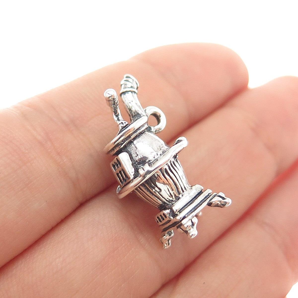 925 Sterling Silver Vintage Potbelly Stove Oxidized 3D Charm Pendant