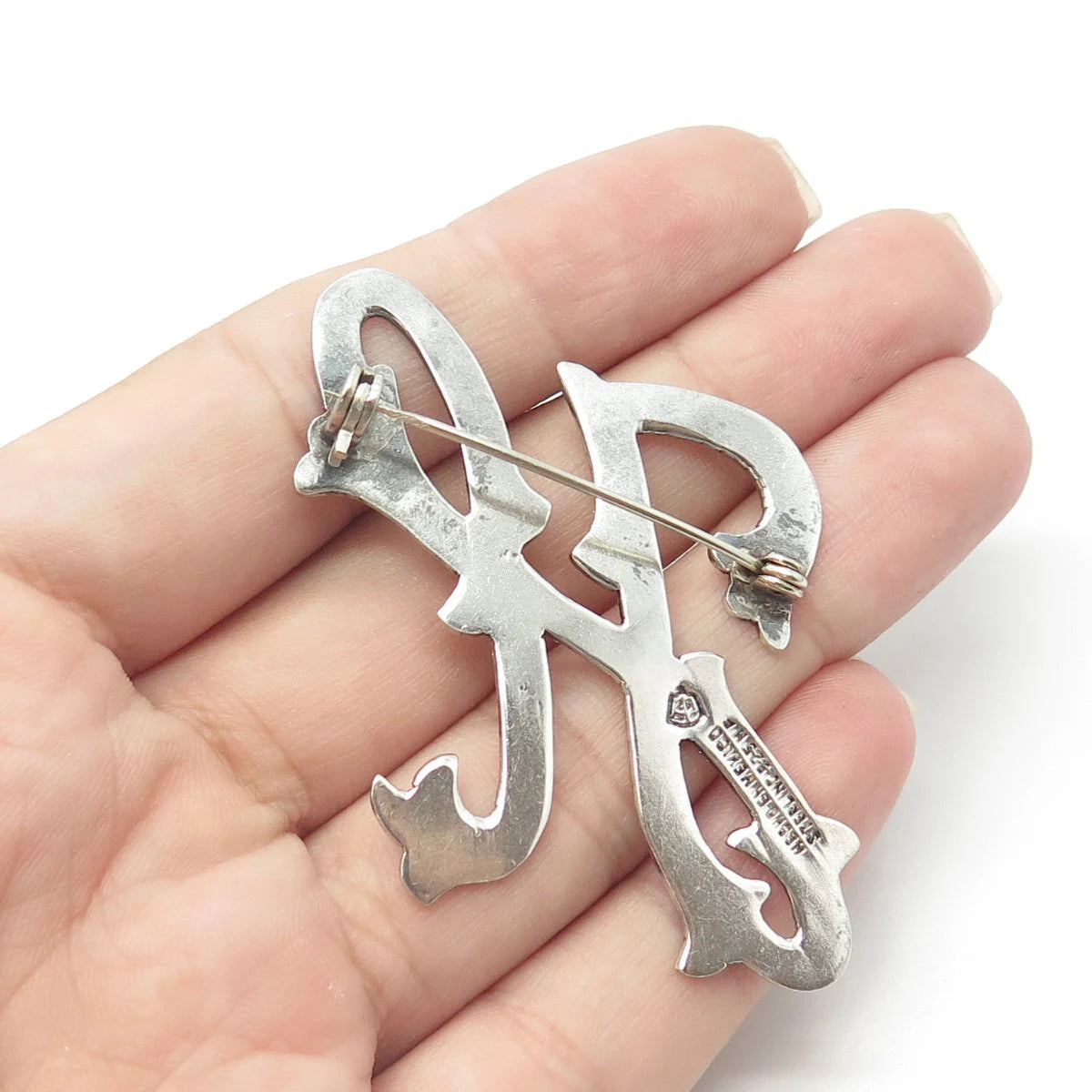 925 Sterling Silver Vintage Mexico Floral Letter "H" Initial Pin Brooch