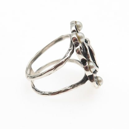Golan Goldex 925 Sterling Silver Vintage Real Pearl Modernist Rose Ring Size 7.5