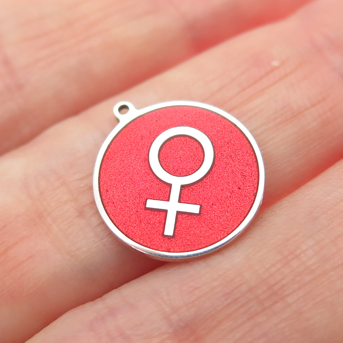 925 Sterling Silver Red Enamel Female Symbol Round Tag Minimalist Charm Pendant
