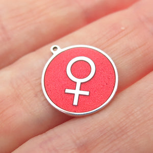 925 Sterling Silver Red Enamel Female Symbol Round Tag Minimalist Charm Pendant