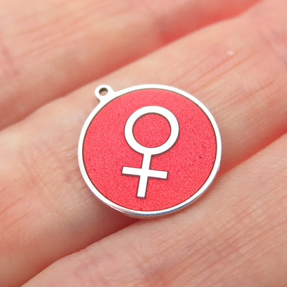 925 Sterling Silver Red Enamel Female Symbol Round Tag Minimalist Charm Pendant