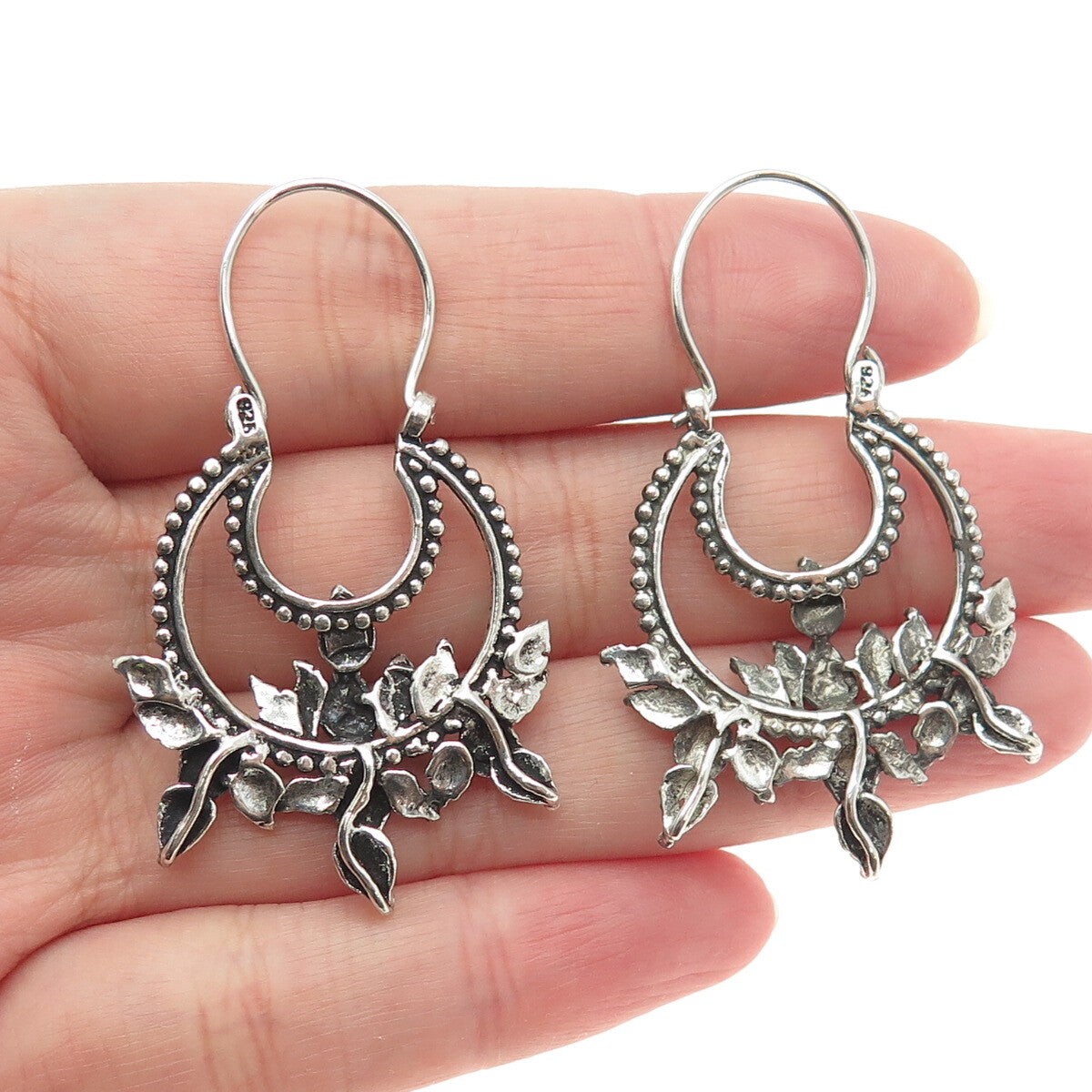 925 Sterling Silver Vintage Leaf Ethnic Oxidized Earrings