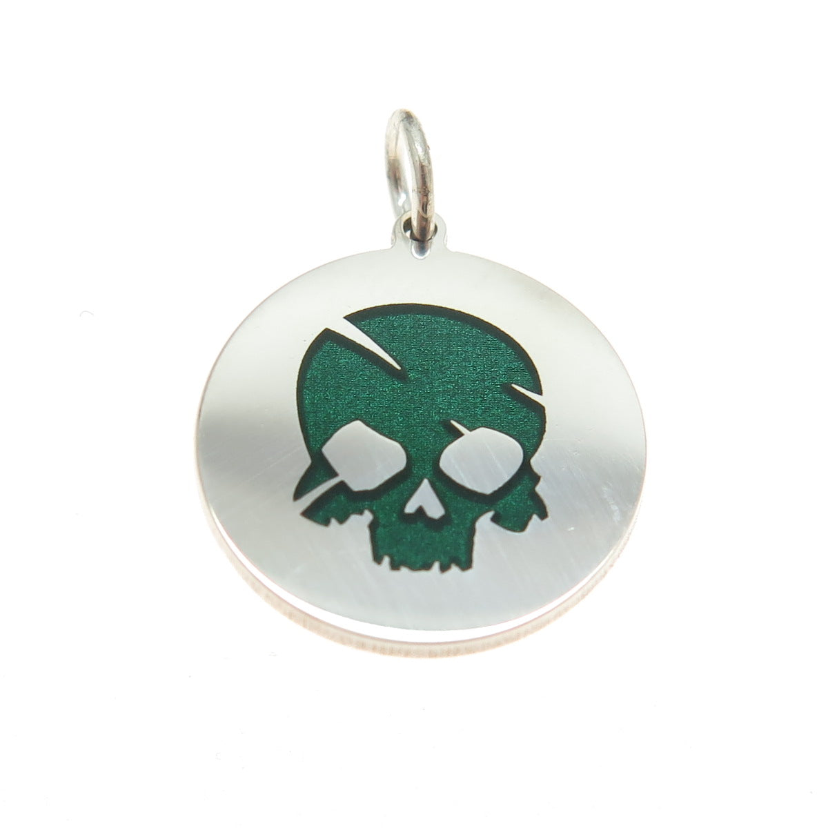 925 Sterling Silver Green Enamel Skull Round Tag Minimalist Charm Pendant