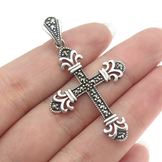 925 Sterling Silver Vintage Real Marcasite Gemstone Cross Pendant